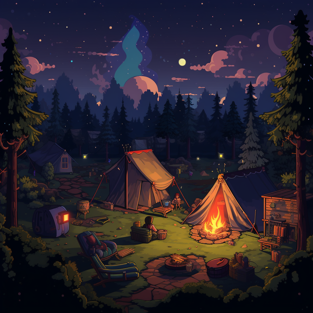 Pixelated tents and campfire in the backyard