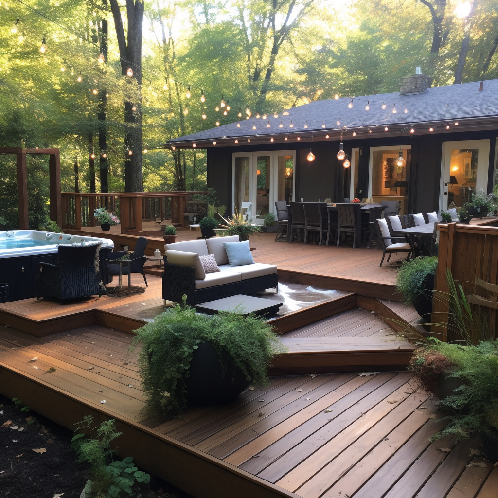 Luxurious hot tubs on a peaceful backyard deck