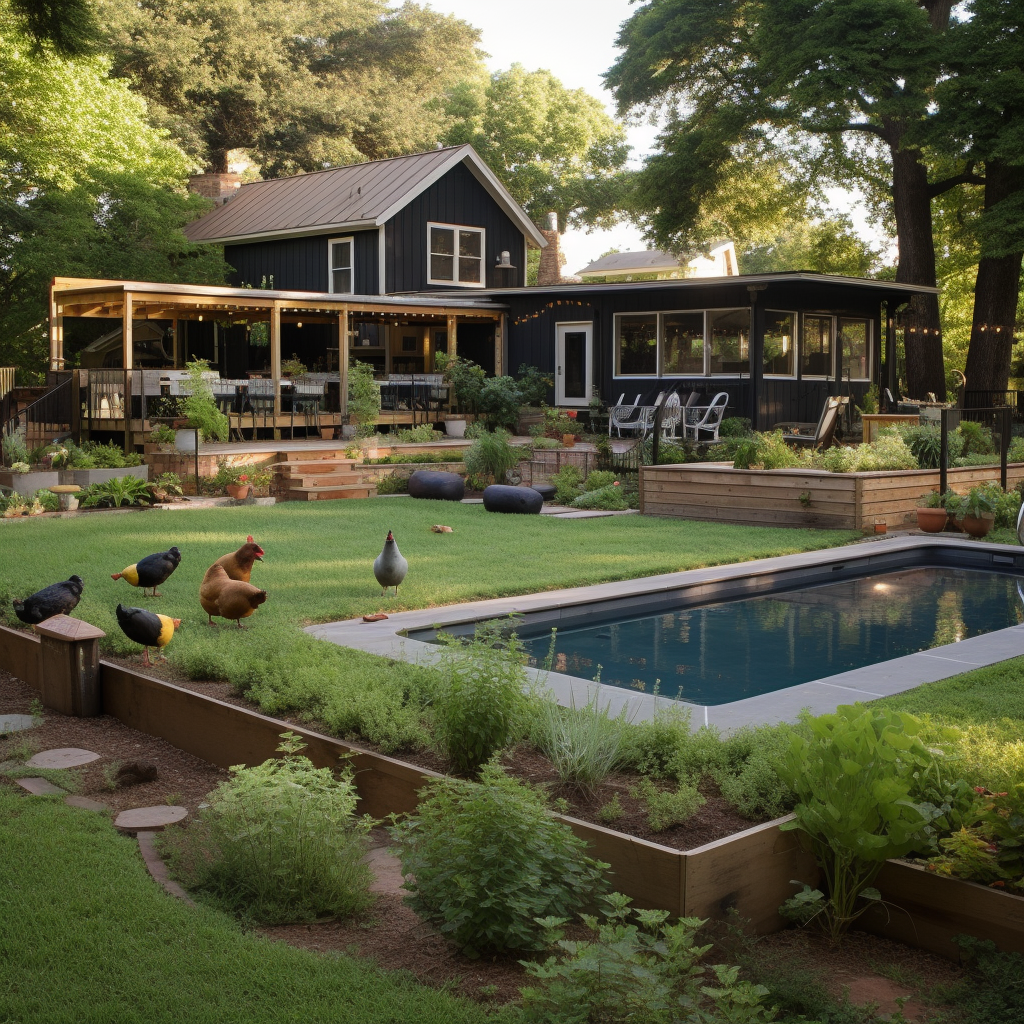 Large backyard with pool, chicken coop, and garden