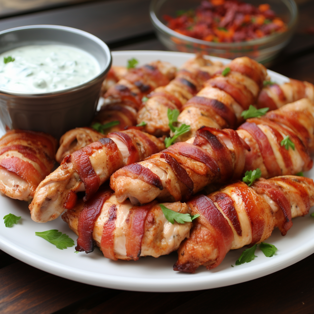 Bacon-wrapped chicken tenders with ranch sauce