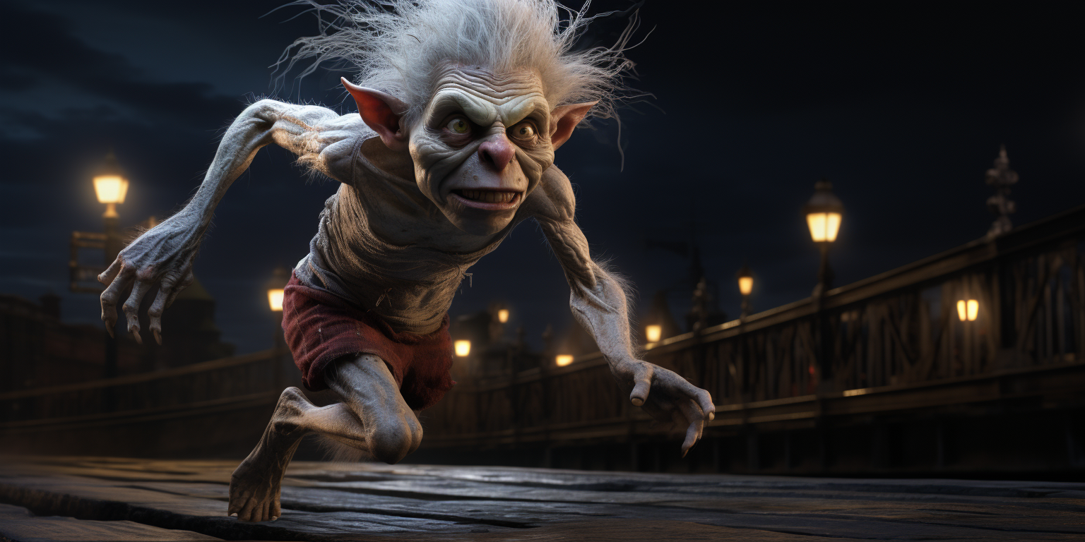 Detailed image of a bad troll running with an elf on a blanche pont nuit bridge.