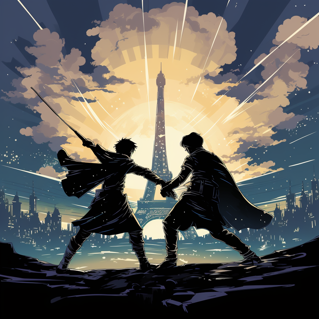 Two men fighting with baguettes