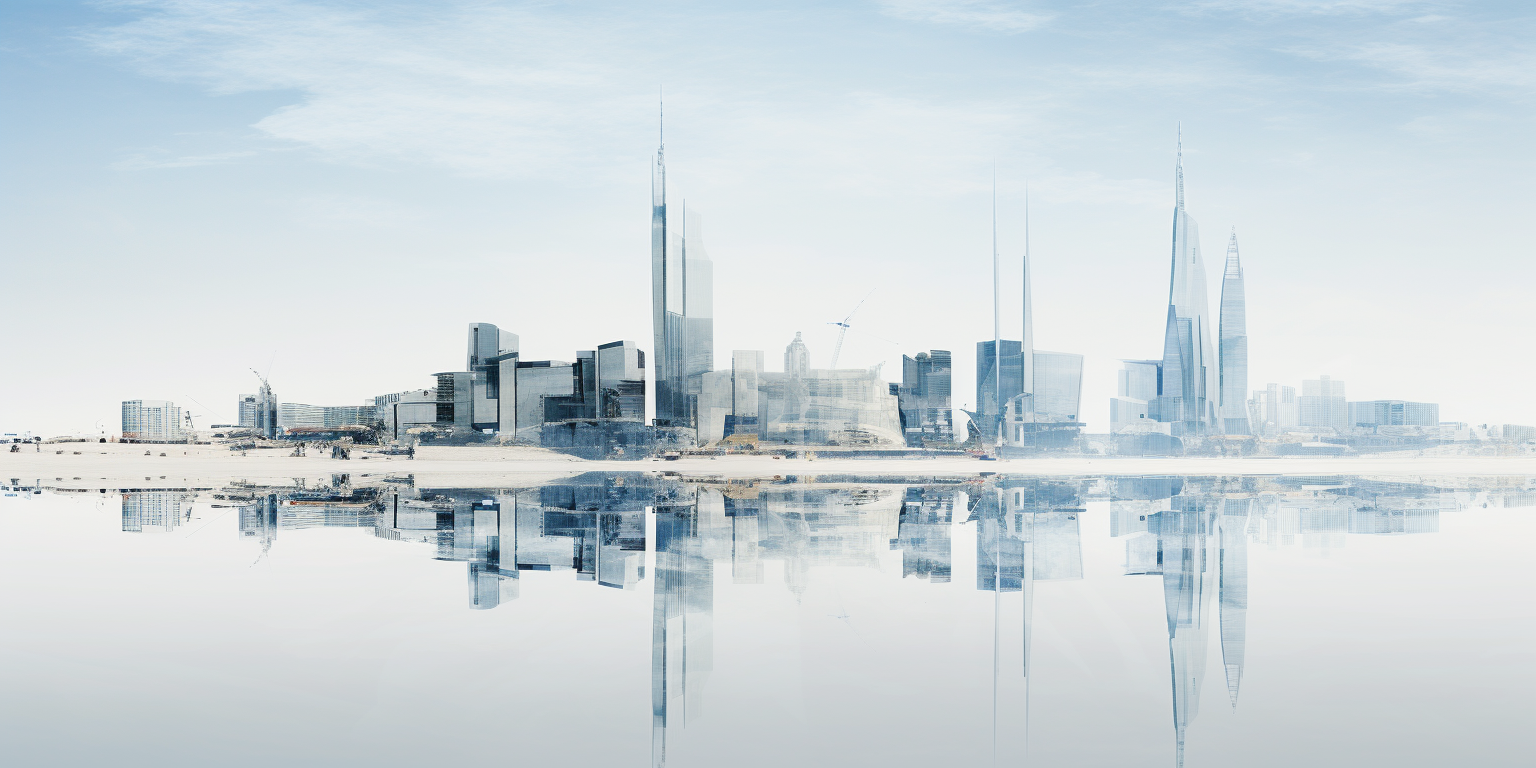 Minimalist double exposure of Bahrain World Trade Center with DNA structure