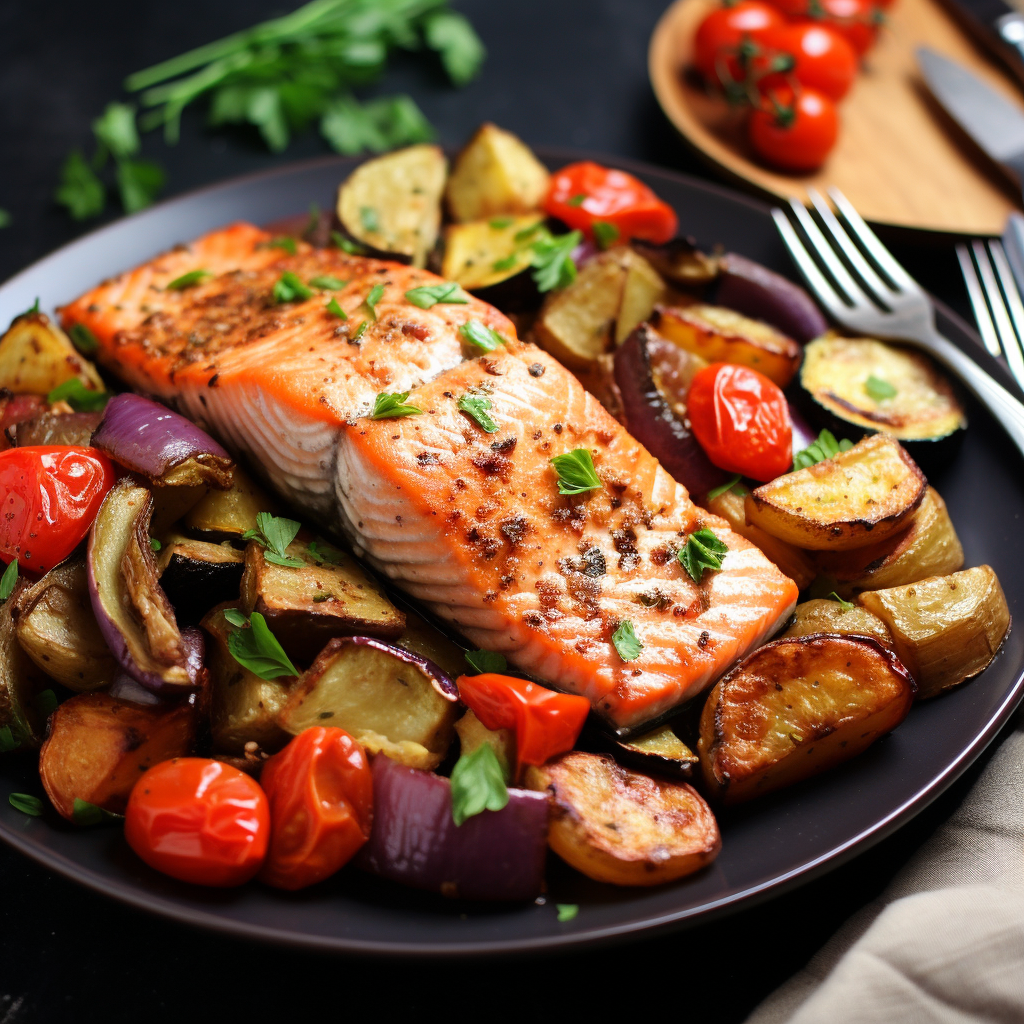 Baked salmon with roasted vegetables dish