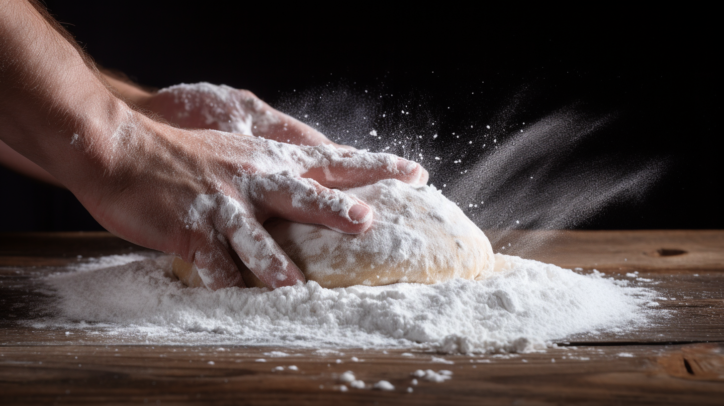 Baker's hand sprinkling salt over dough