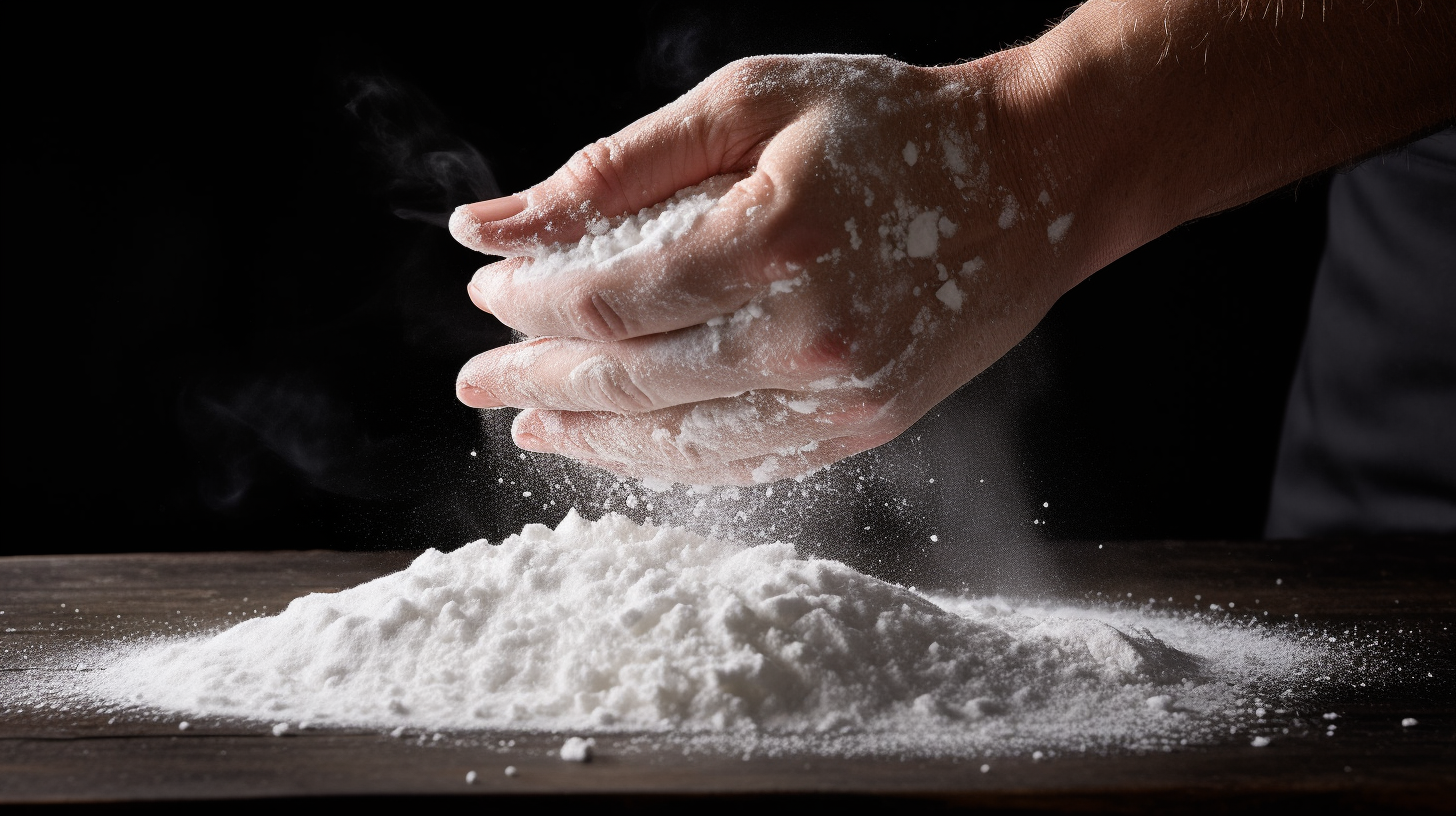 Baker's hand sprinkling salt on dough