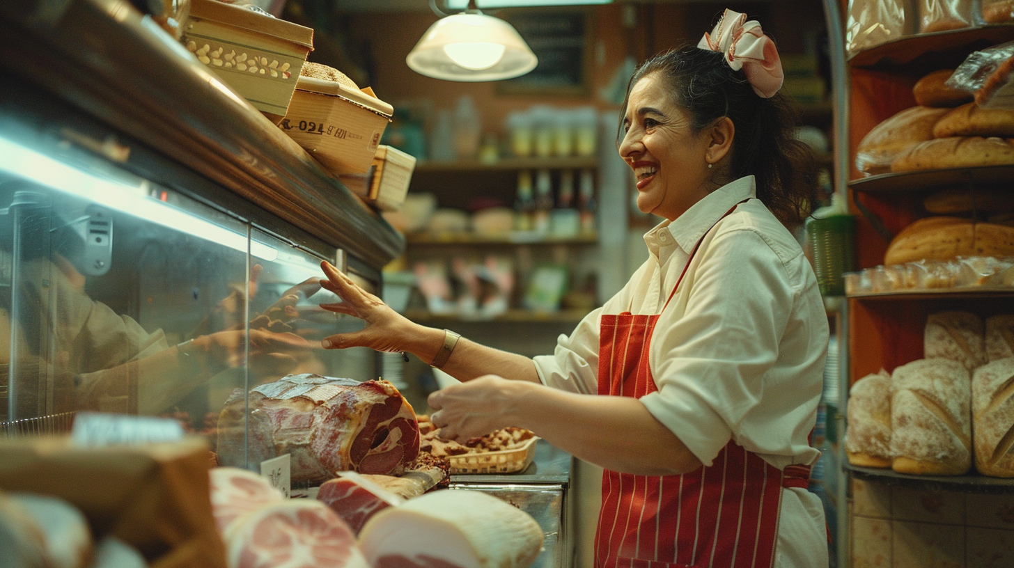 Bakery attendant serving ham customer