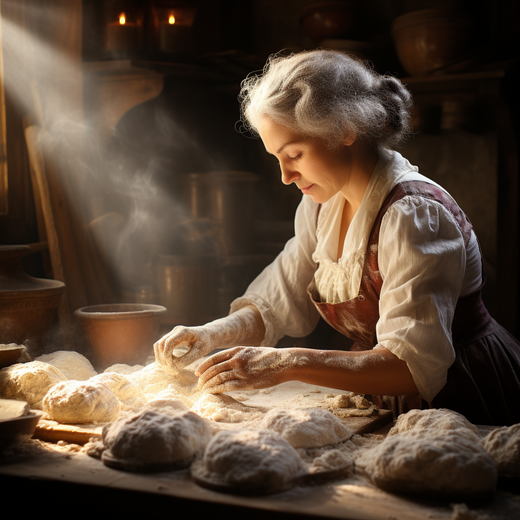 Grandmother kneading dough in bakery  ?