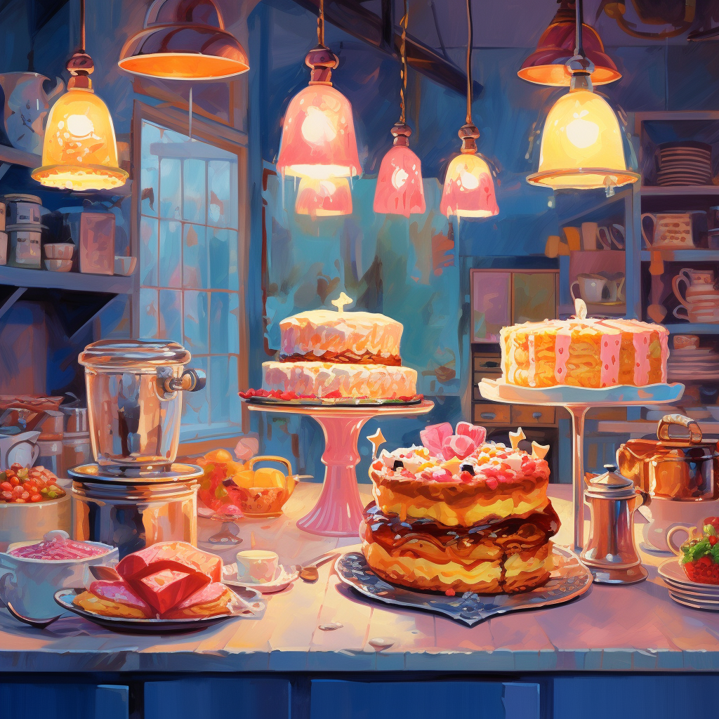 Colorful bakery kitchen with baking tools