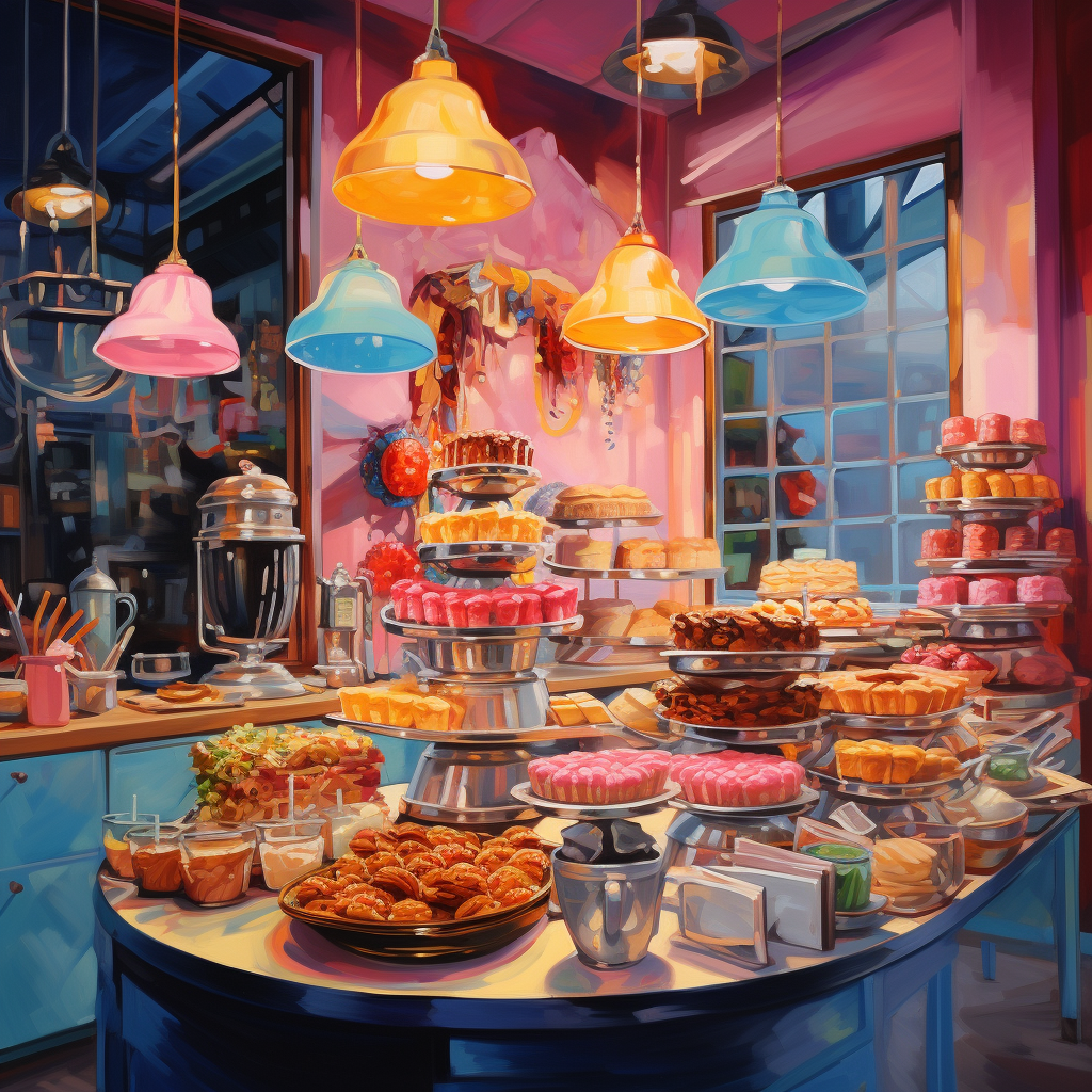 Colorful bakery kitchen with romantic lamp, bread, and cake