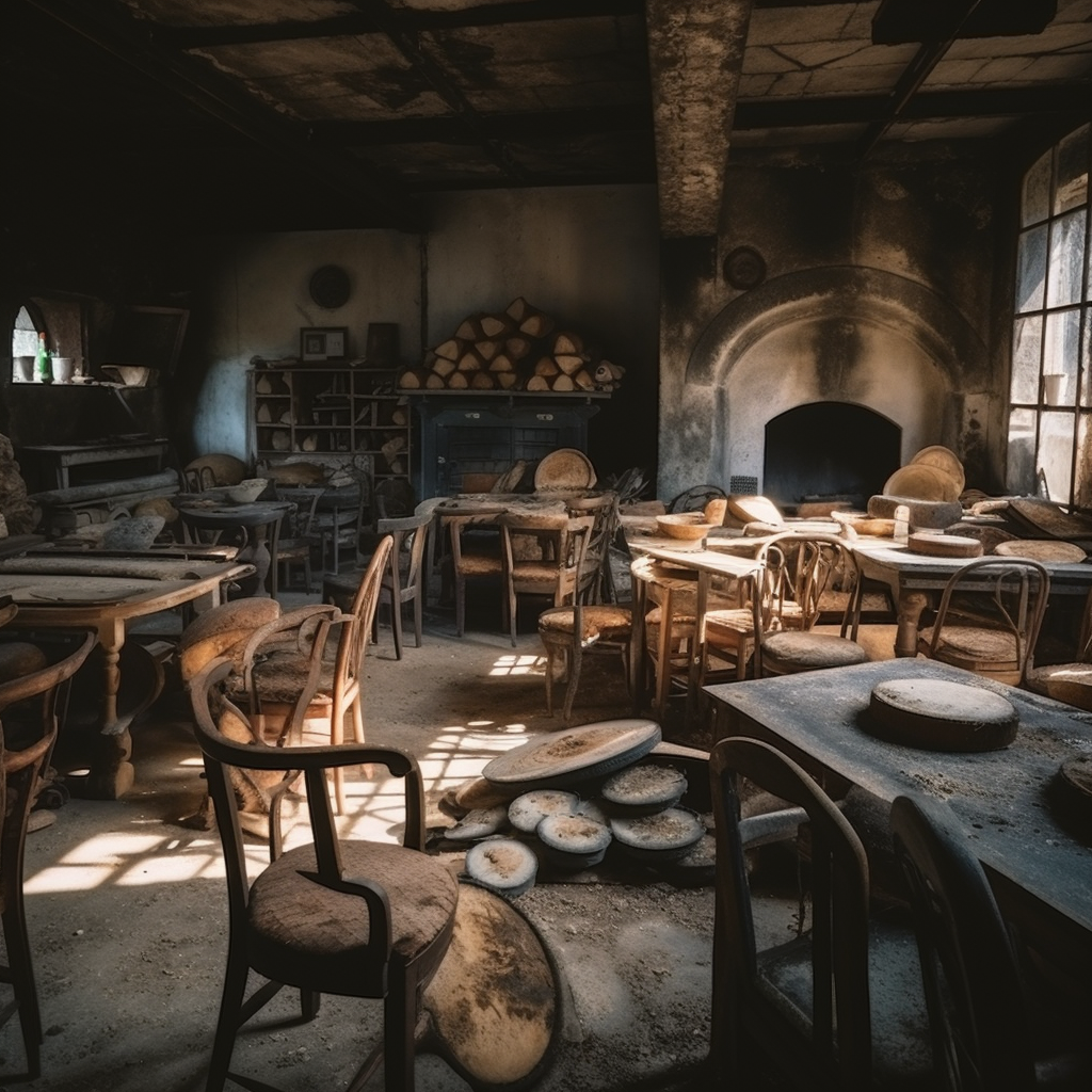 Unused furniture piled up in bakery interior