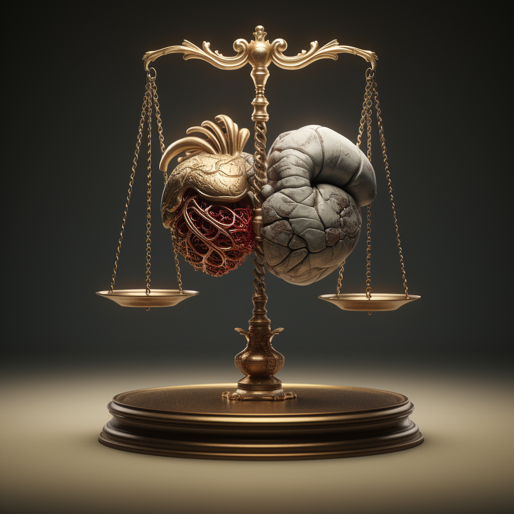 Balanced scale with heart and brain