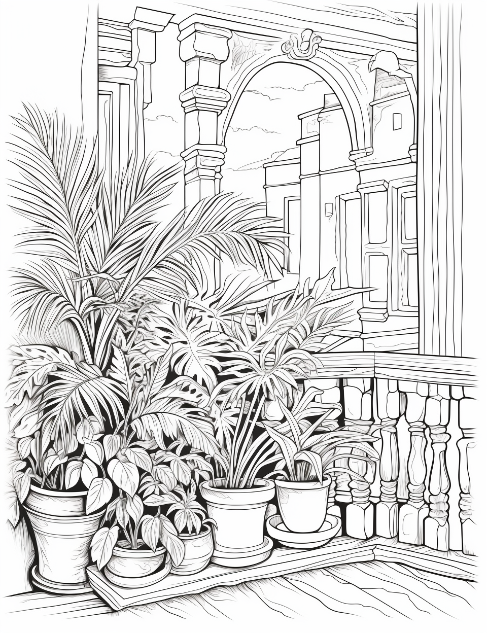 Adult Coloring Page of a Balcony Garden