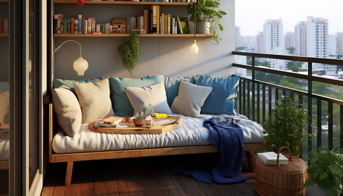 Cozy balcony with books and seating