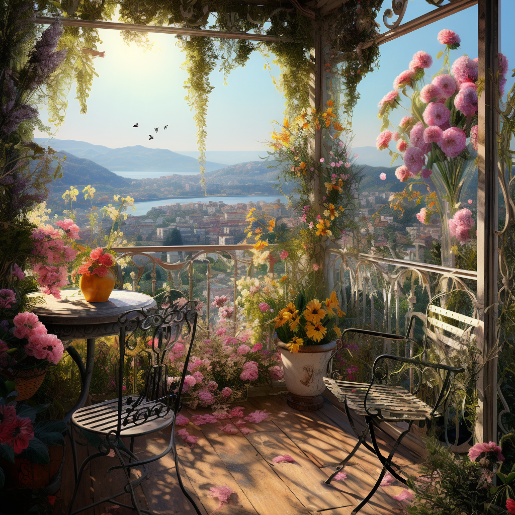 Balcony View with Flowers, Insects and Chair