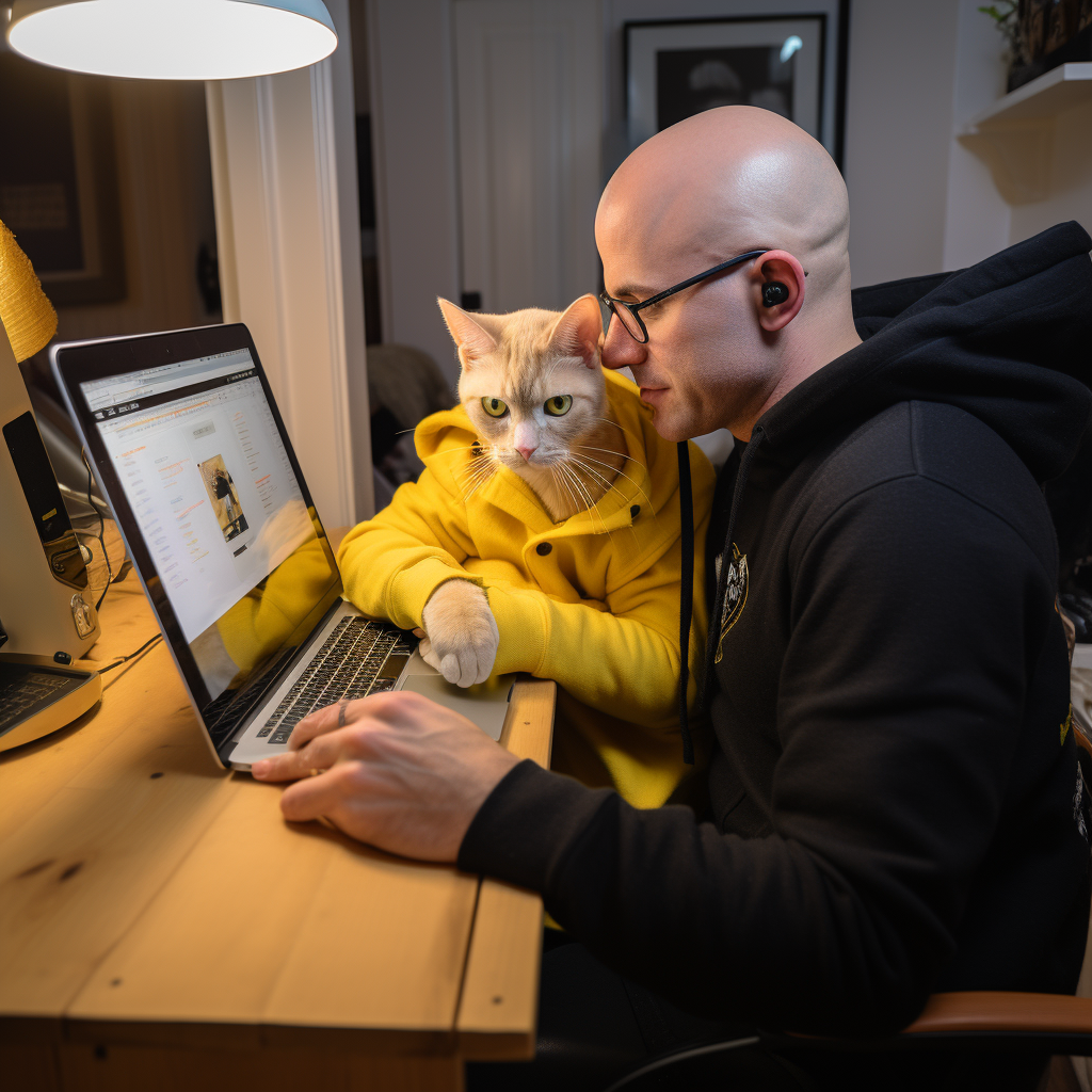 Bald Andrew coding with his adorable kitties