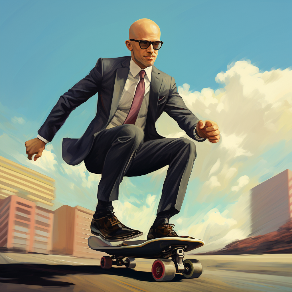 Bald business man riding skateboard