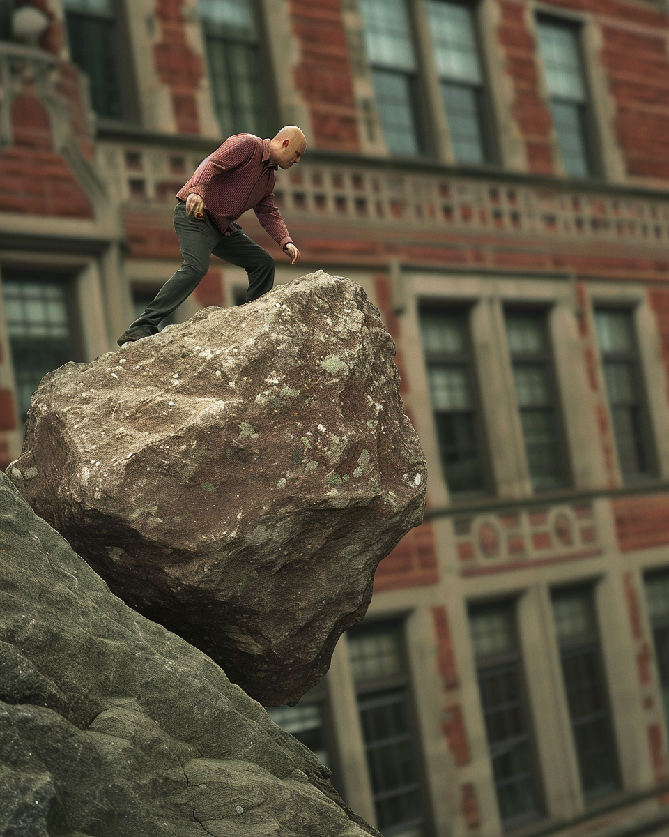 Bald College Professor Pushing Rock