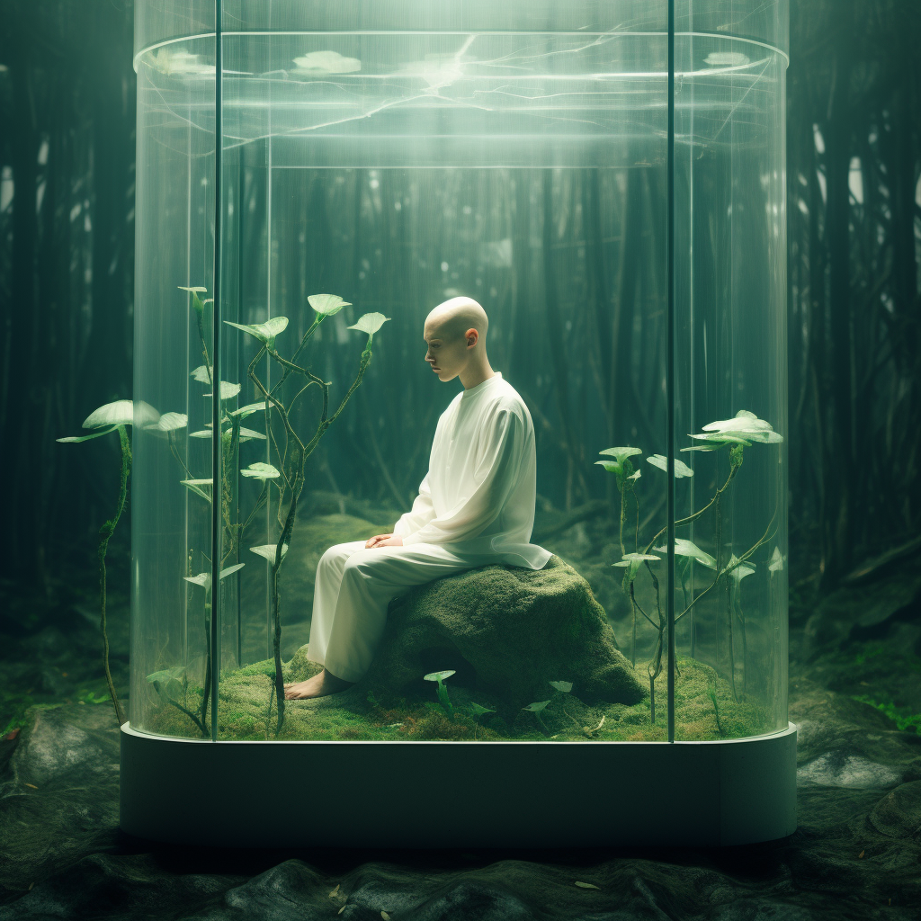 Bald Kid Meditating in Glass Box