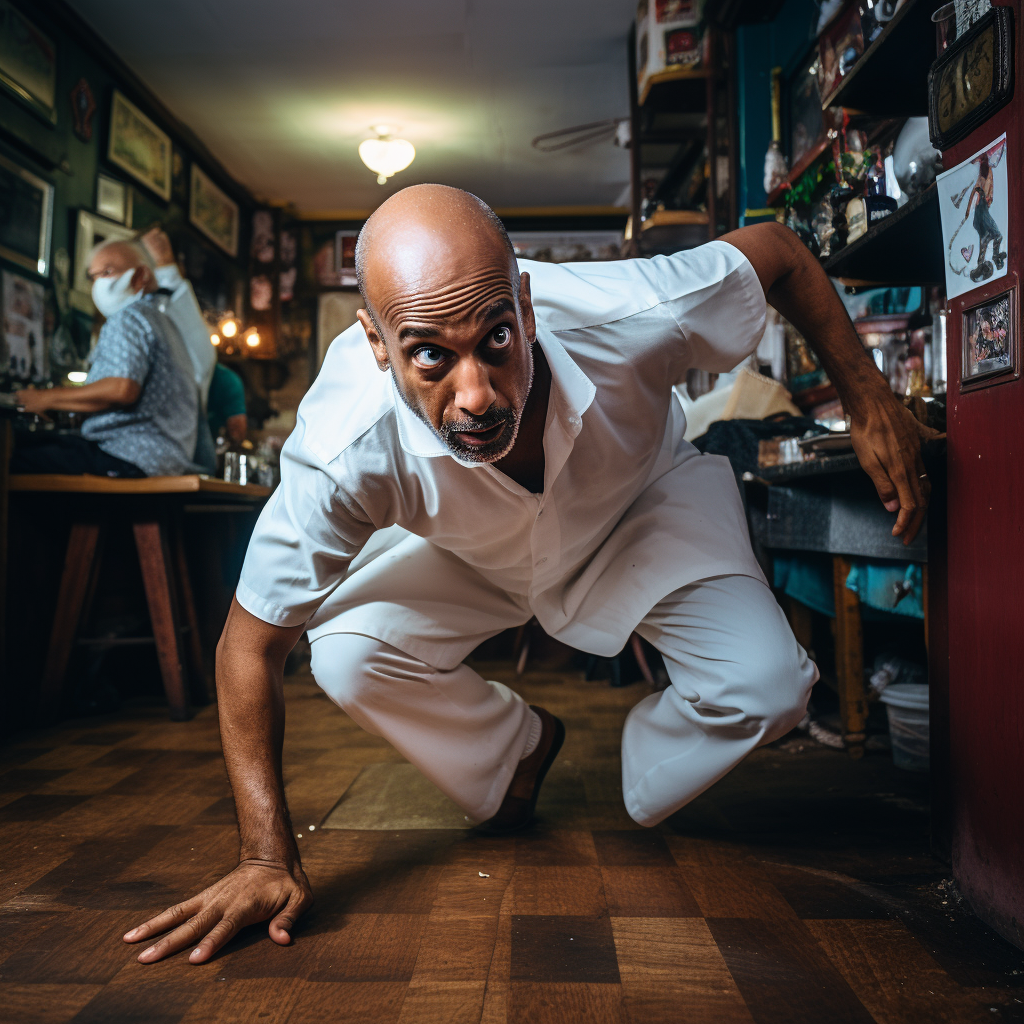 Middle-aged bald man breakdancing at Indian restaurant