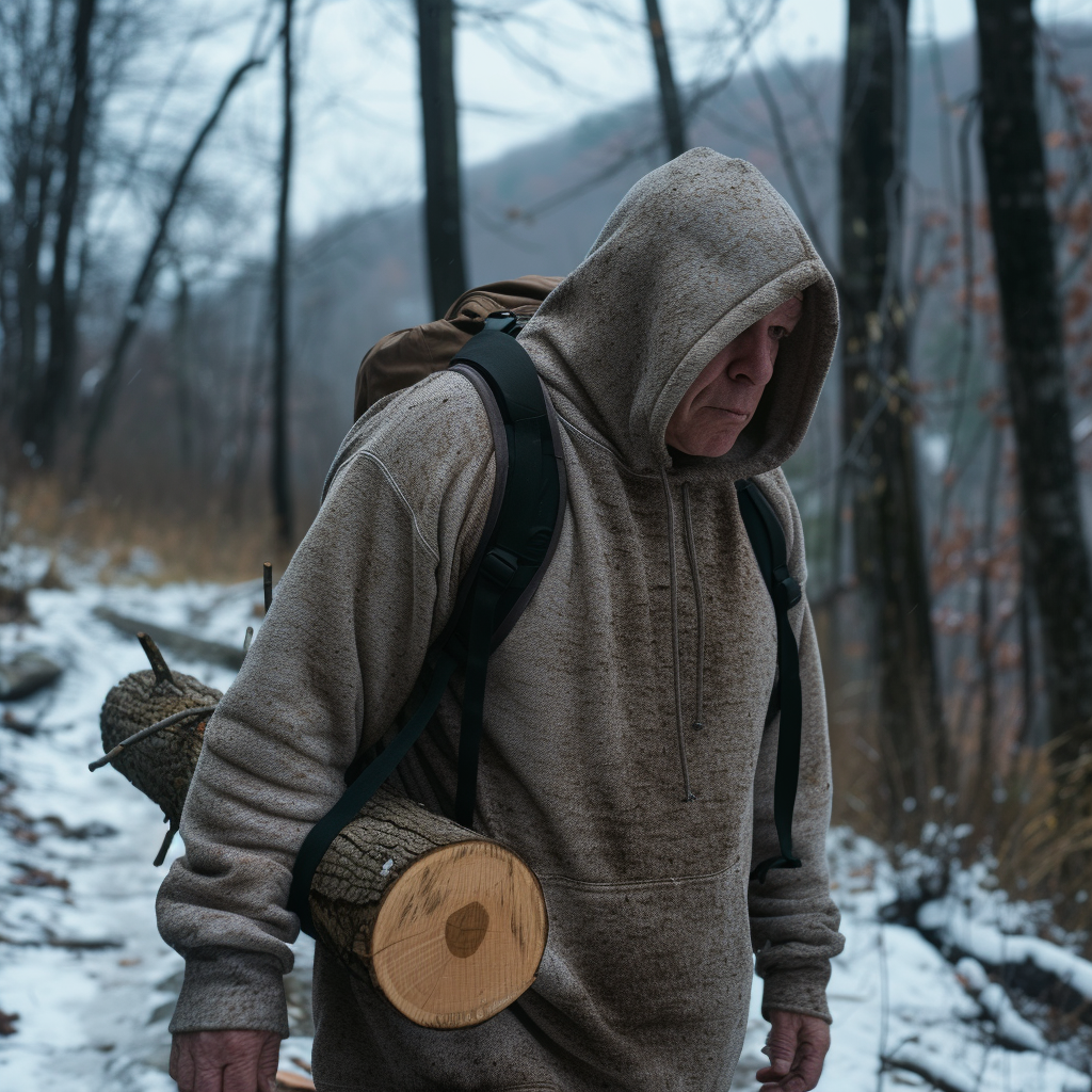 Bald man carrying log up mountain