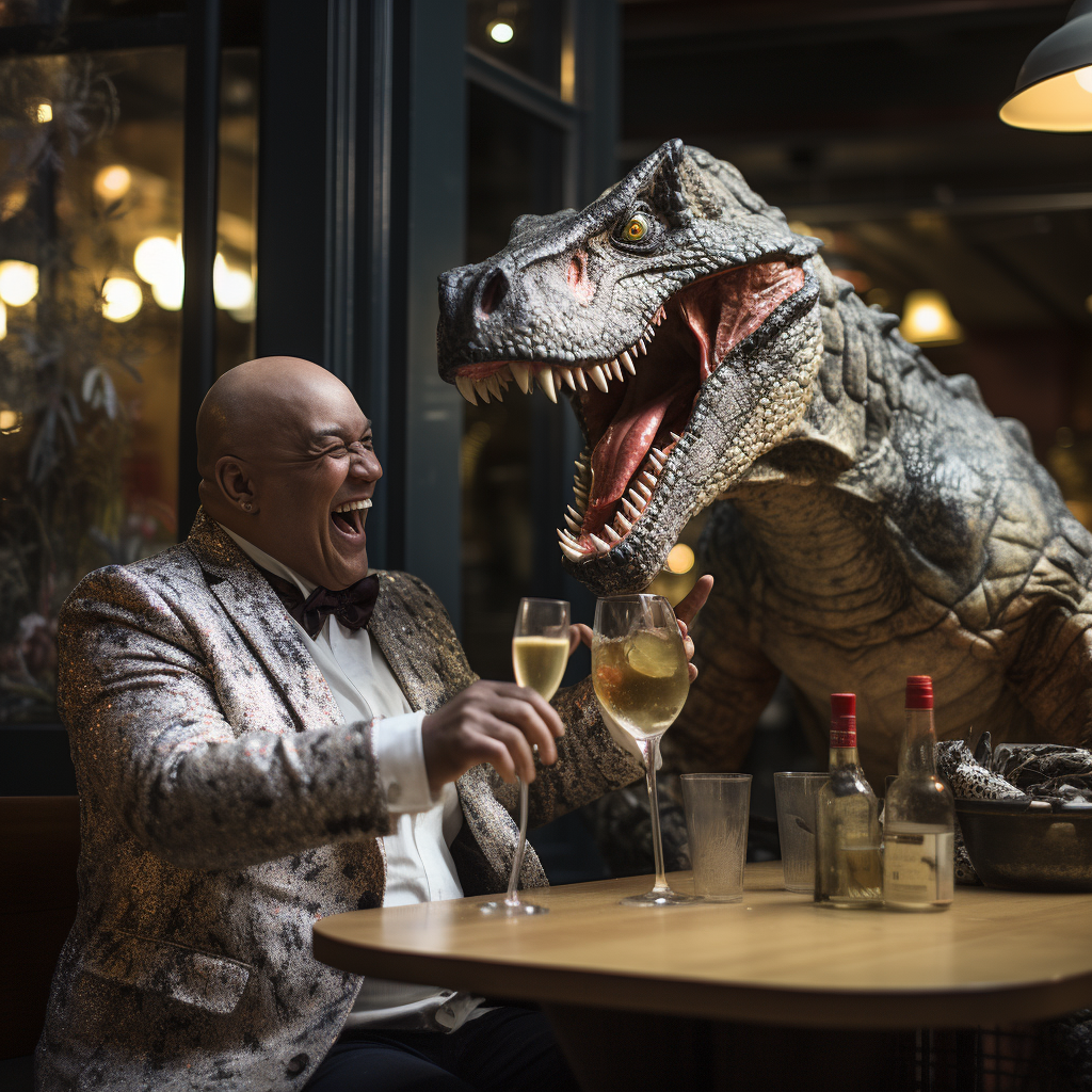 Bald man with T-Rex dinosaur in wine bar