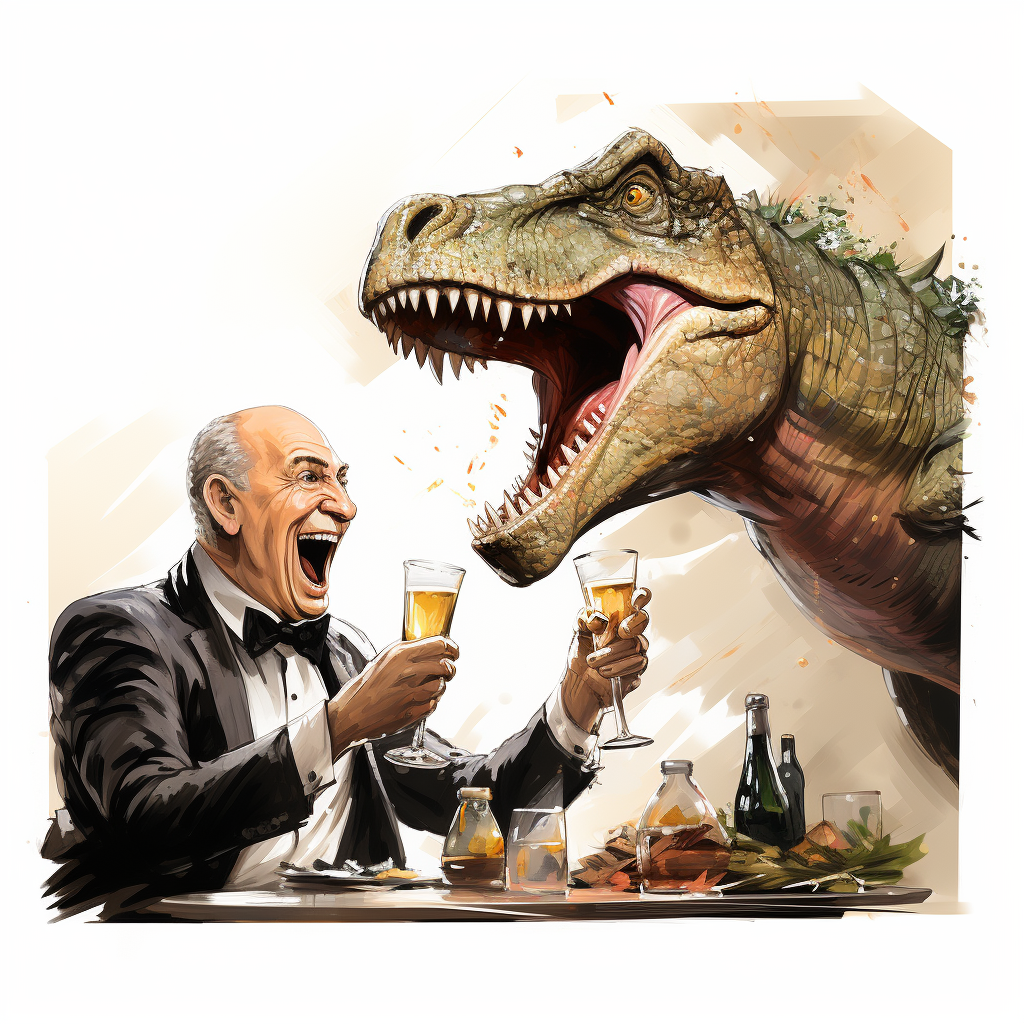 Bald man with T-Rex, celebrating with champagne