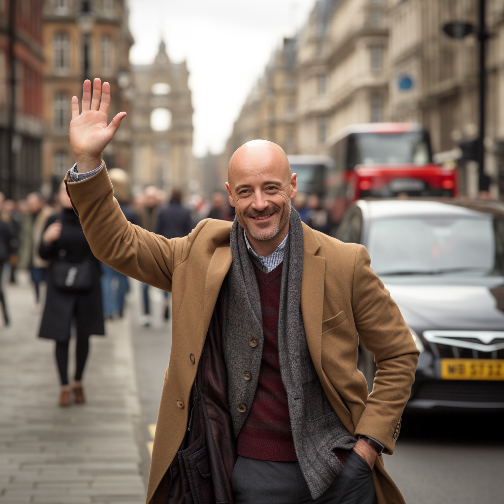 Bald man hailing taxi in the UK