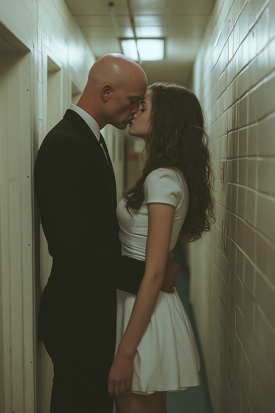 Bald man kissing girl photo