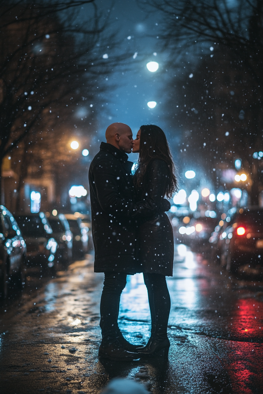 Man and girl kissing at night