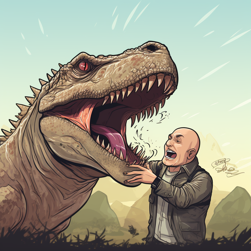 Man petting T-Rex head