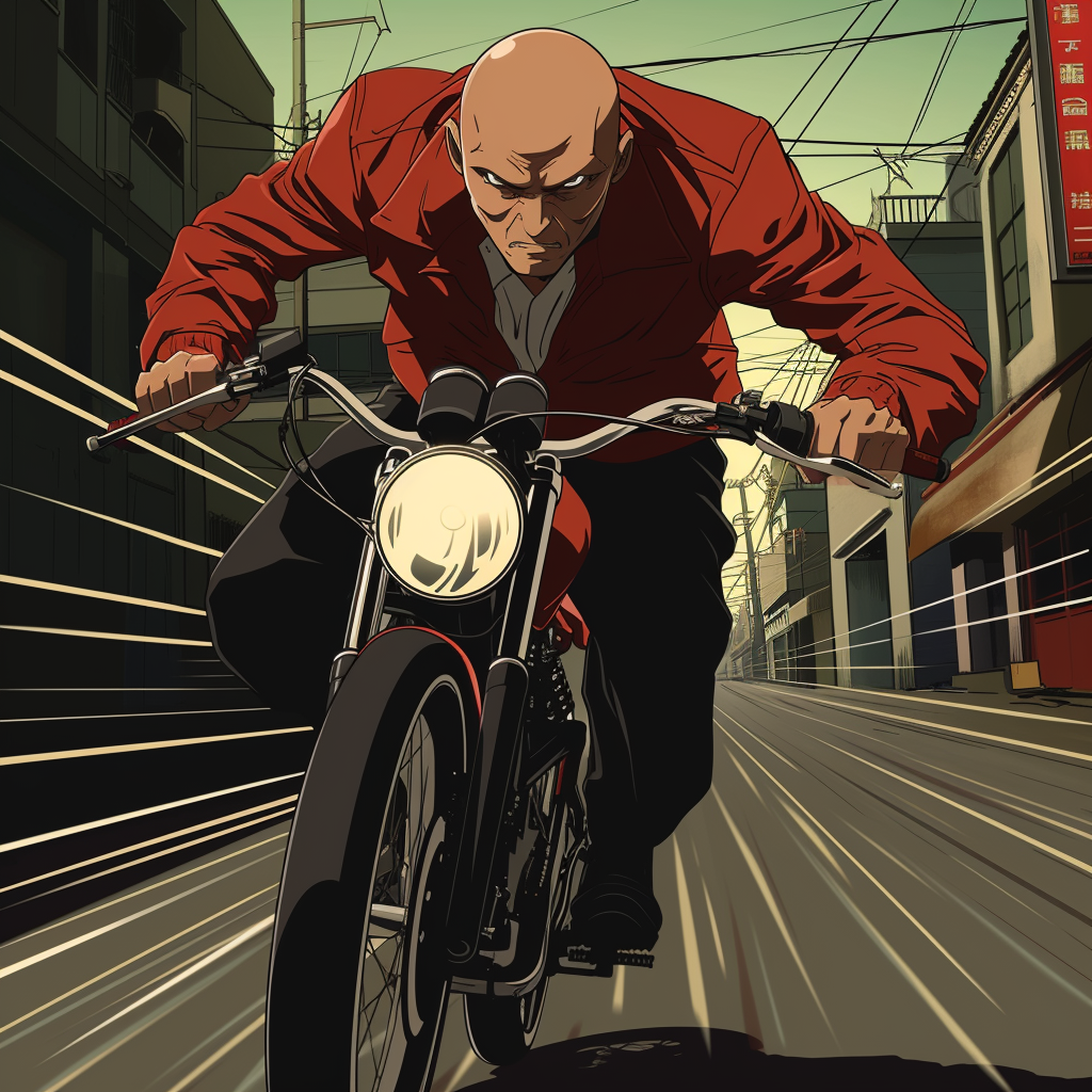 Bald man riding bike in Redline style