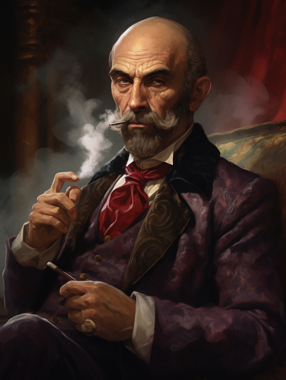 Bald man with smoking pipe and forked beard