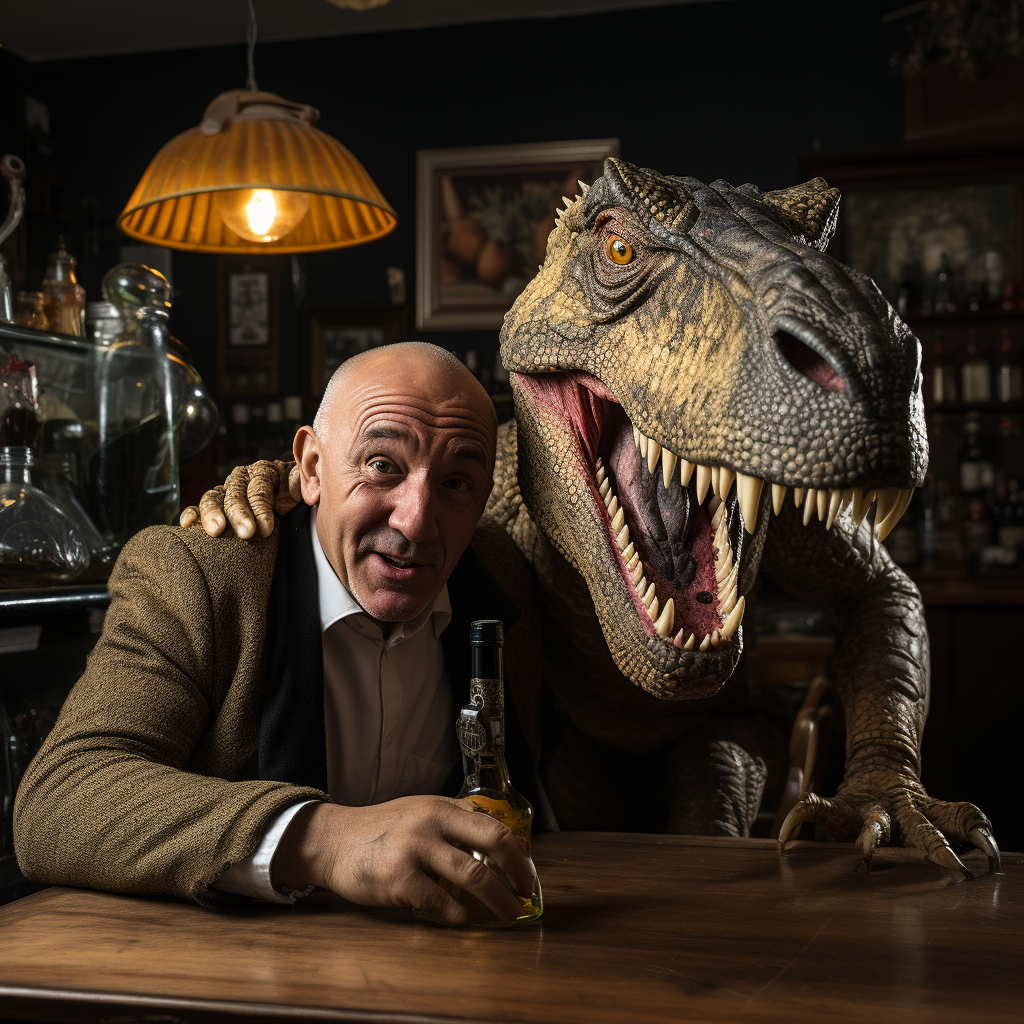 Bald man and T-Rex sharing a moment