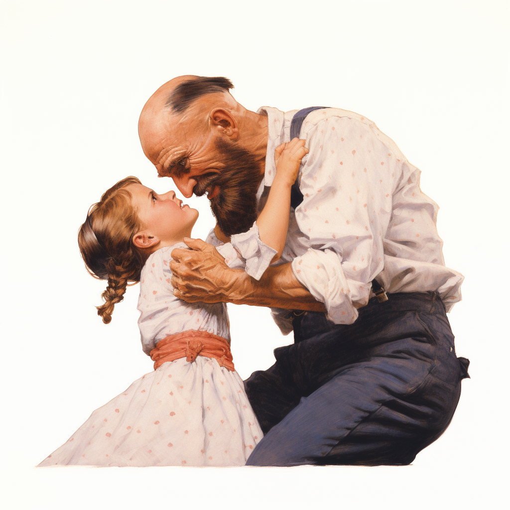 Bald man wrestling daughter, a Norman Rockwell scene