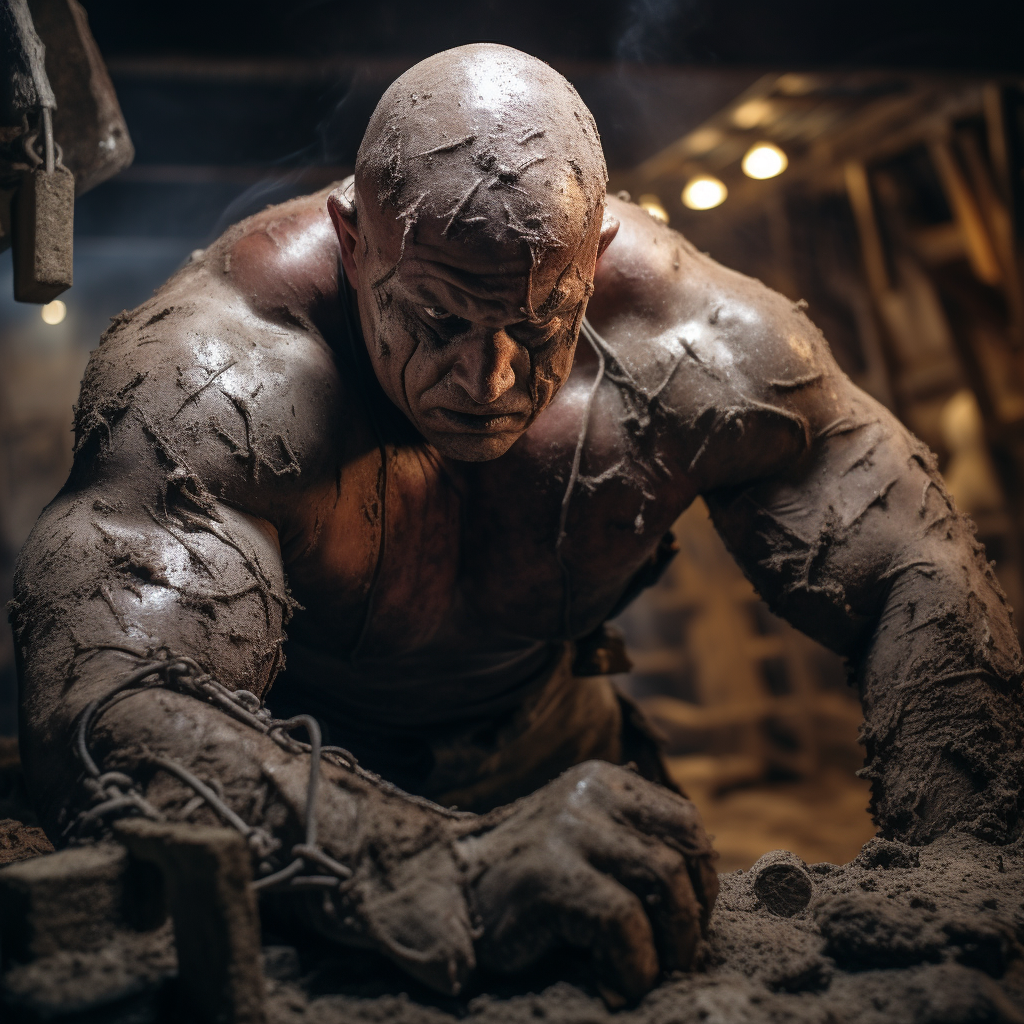 Strong bald man working in cortosis mine