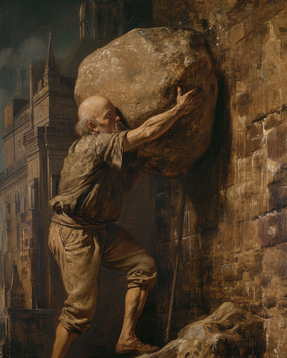 Bald professor pushing large rock uphill