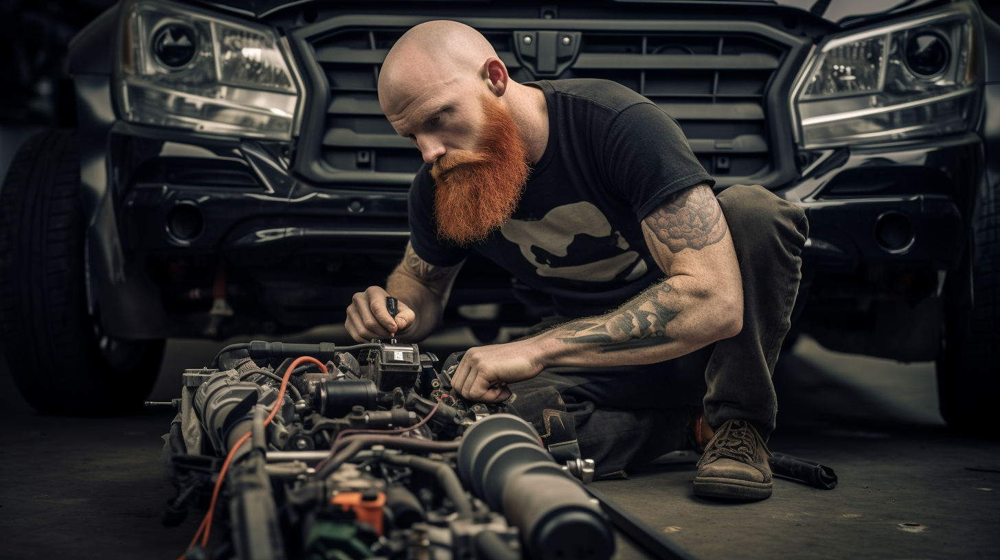 Bald Skinny Ginger Working on Black Honda Civic