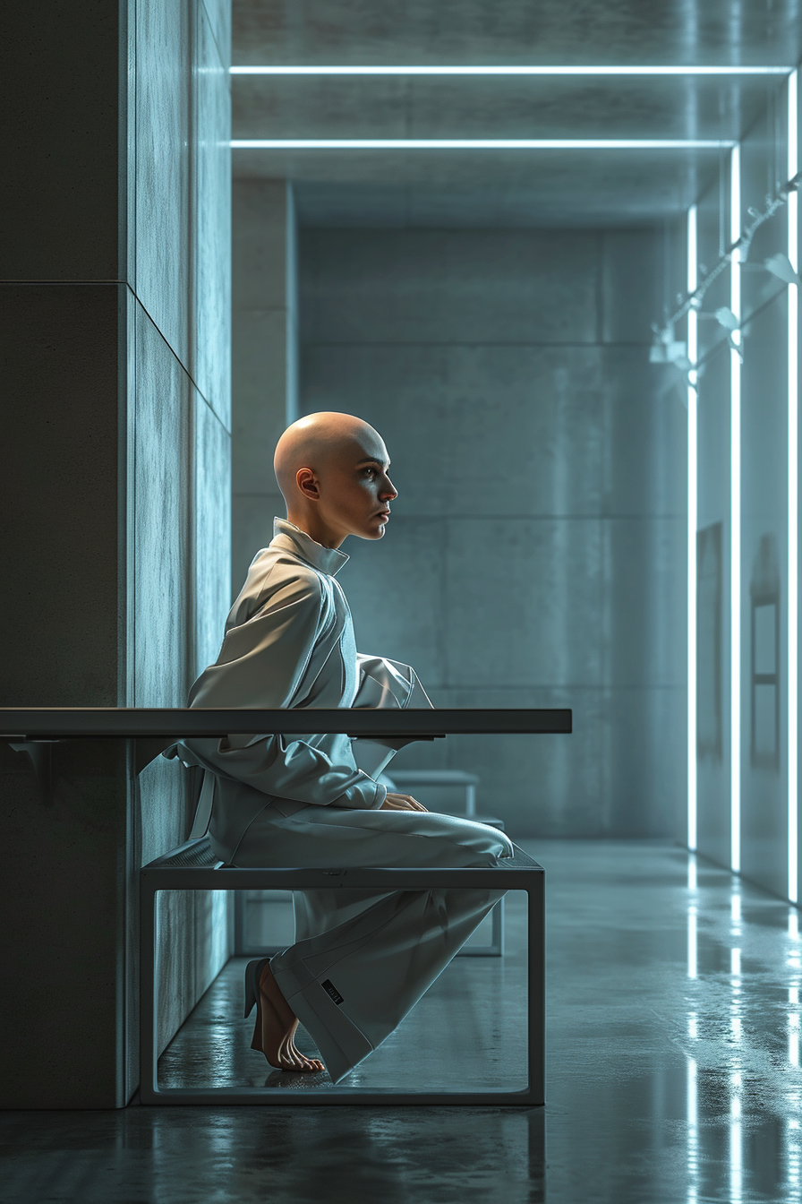 Bald woman sitting at futuristic table