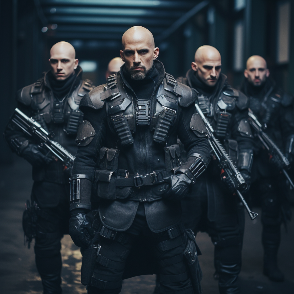 Bald combat cyborgs wielding heavy weapons