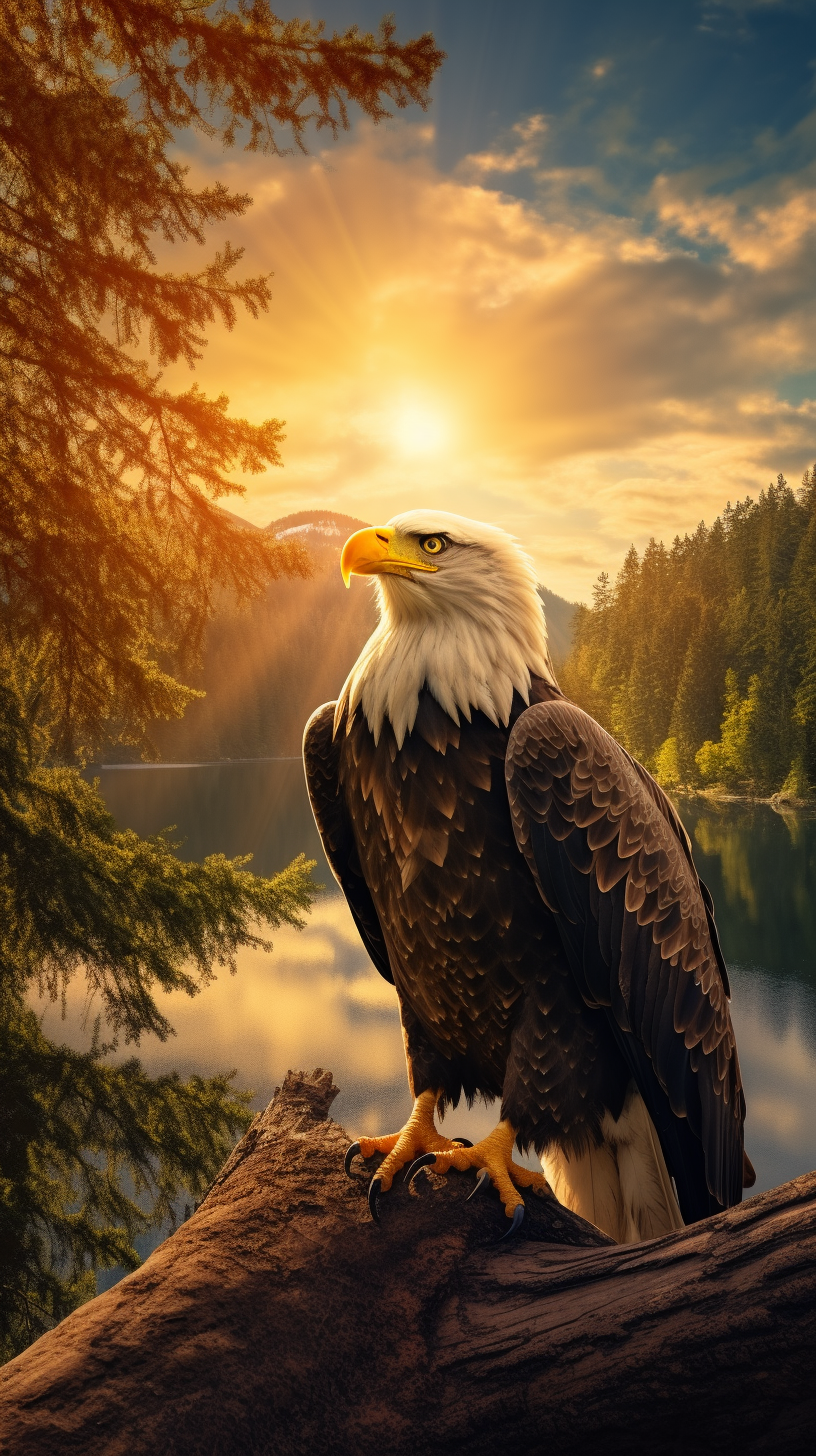 Beautiful Bald Eagle on Branch Overlooking Lake