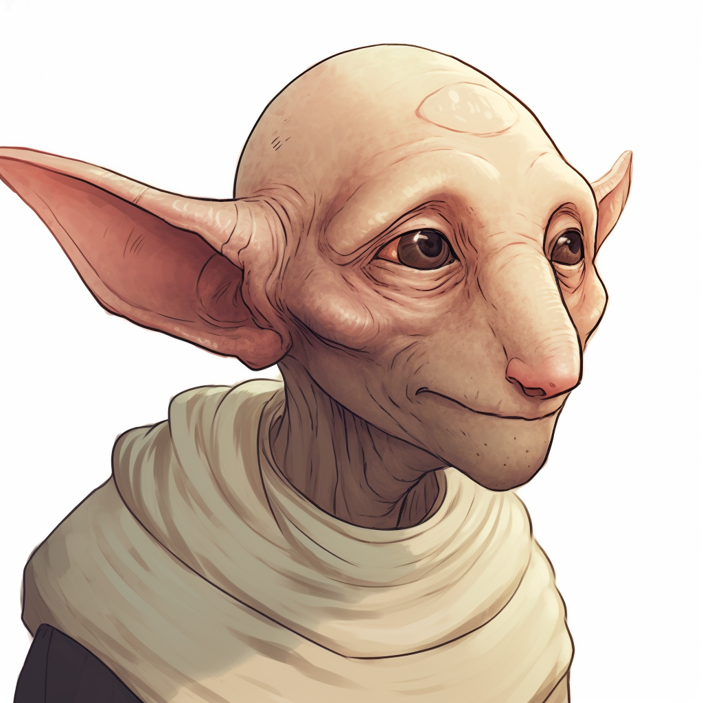 Bald elf-like creature with circular eyes and huge nose