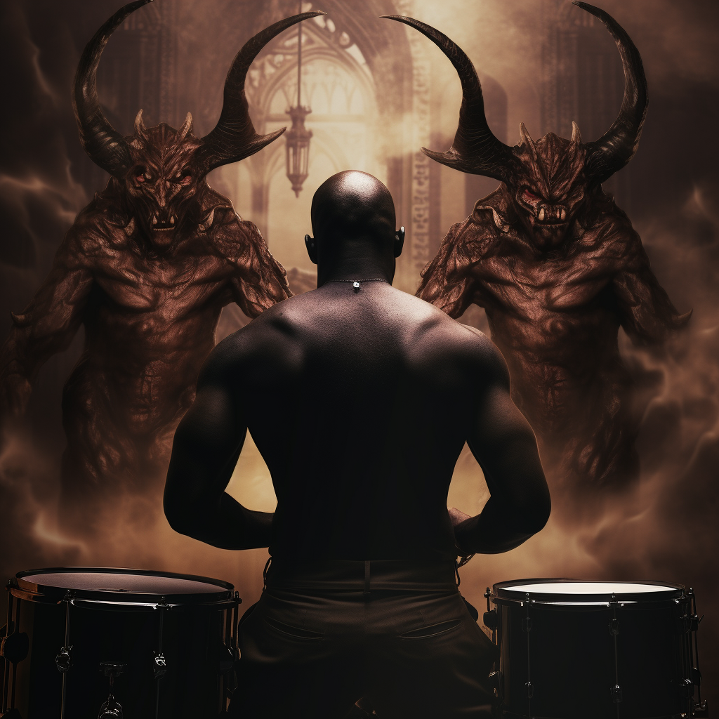 Bald male playing drums with demon in background