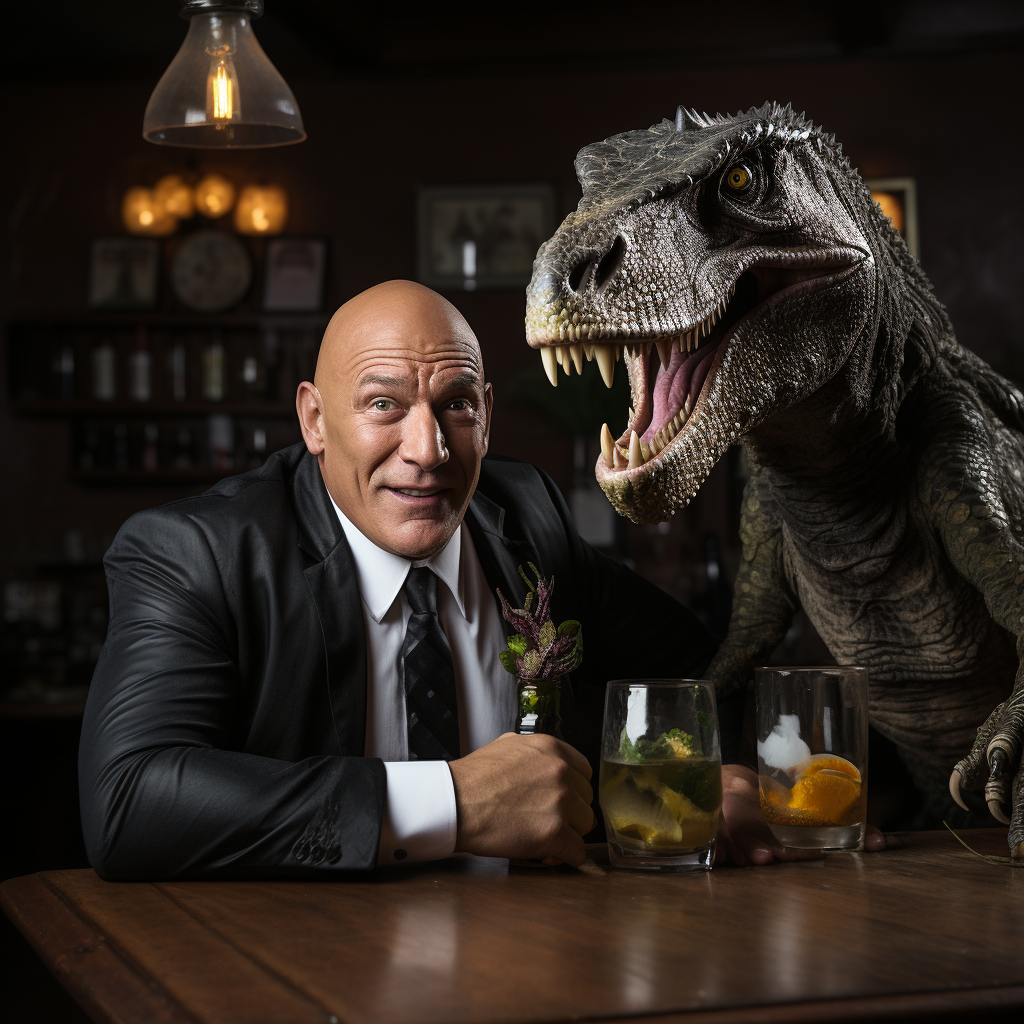 Bald man in bar with loving Tyrannosaurus Rex