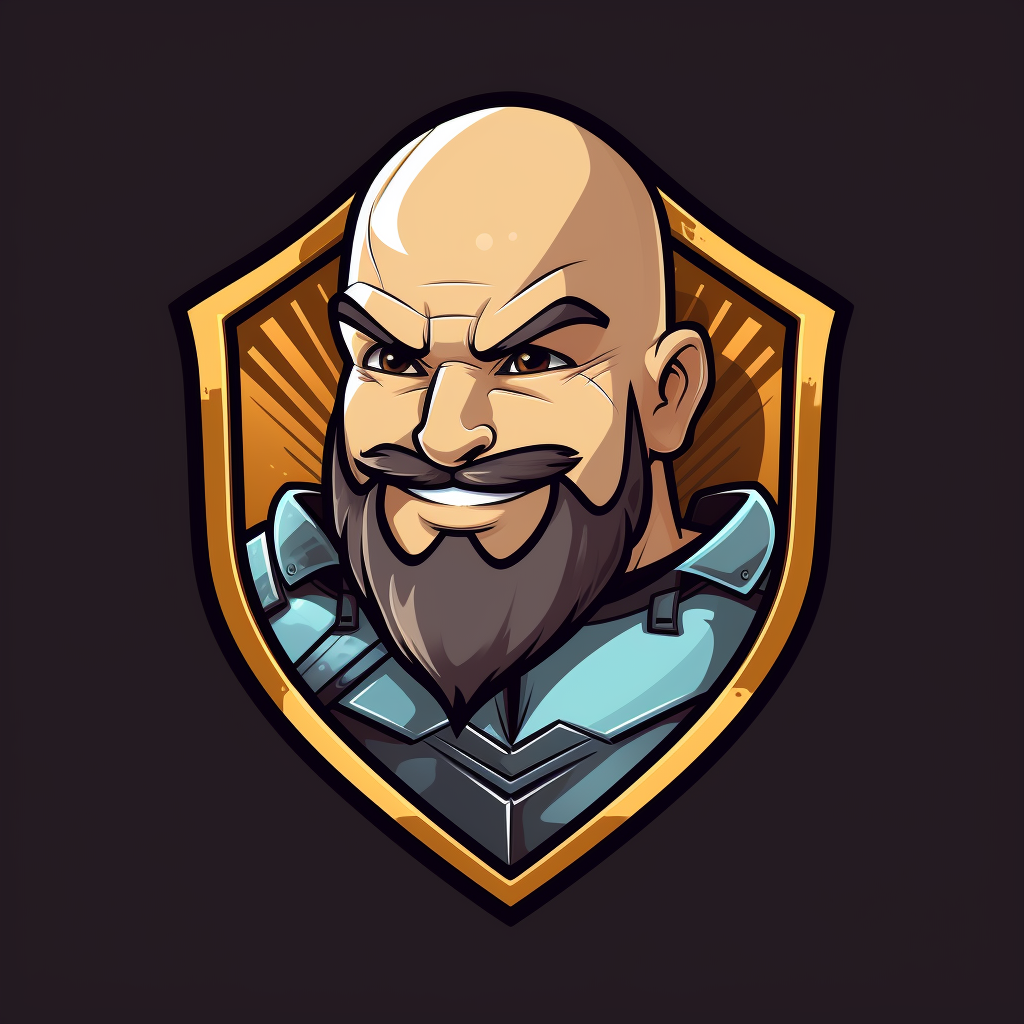 Cartoon image of bald man with beard and shield