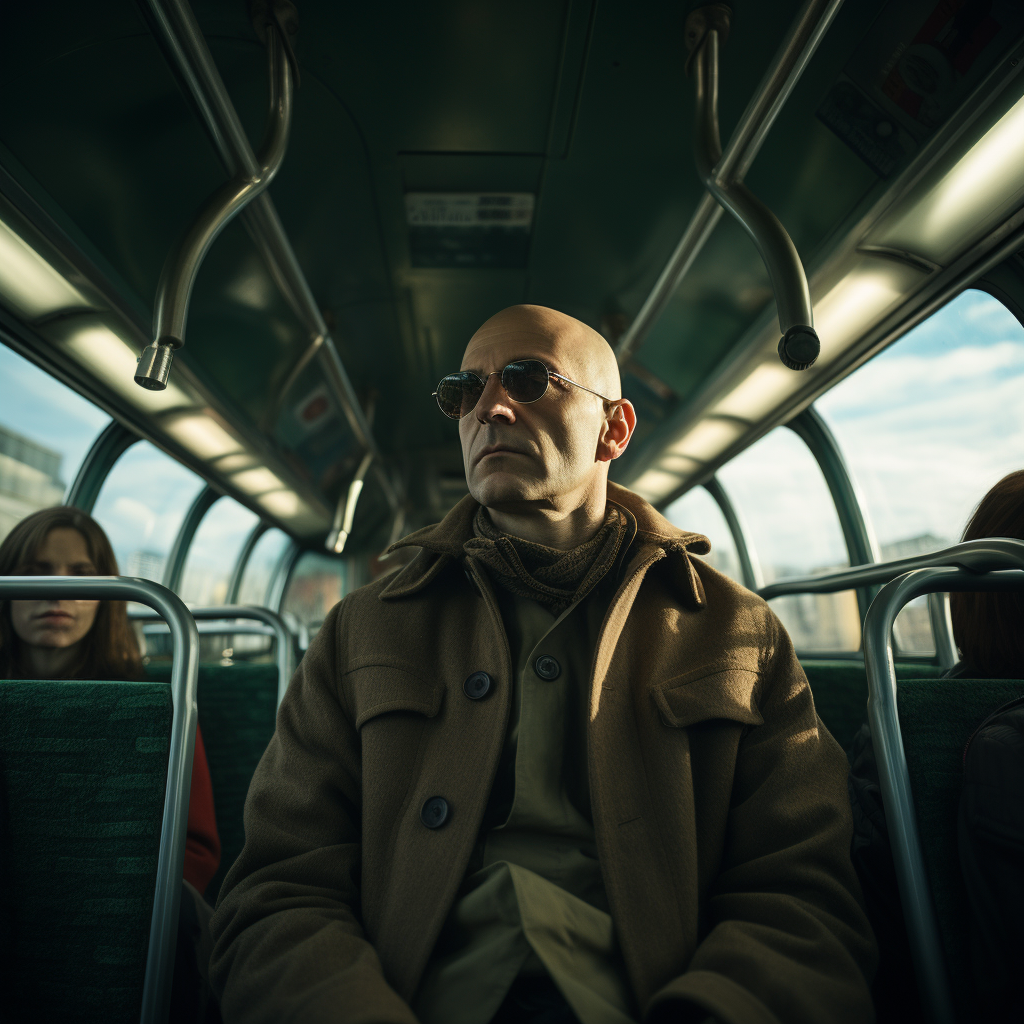 Bald man on a bus in Antarctica