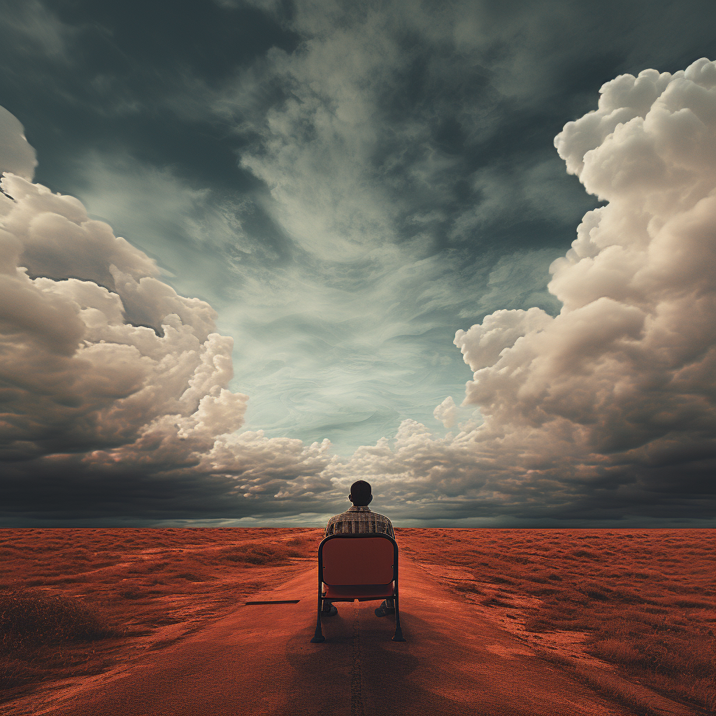 Bald man on doubledecker bus in dramatic landscape