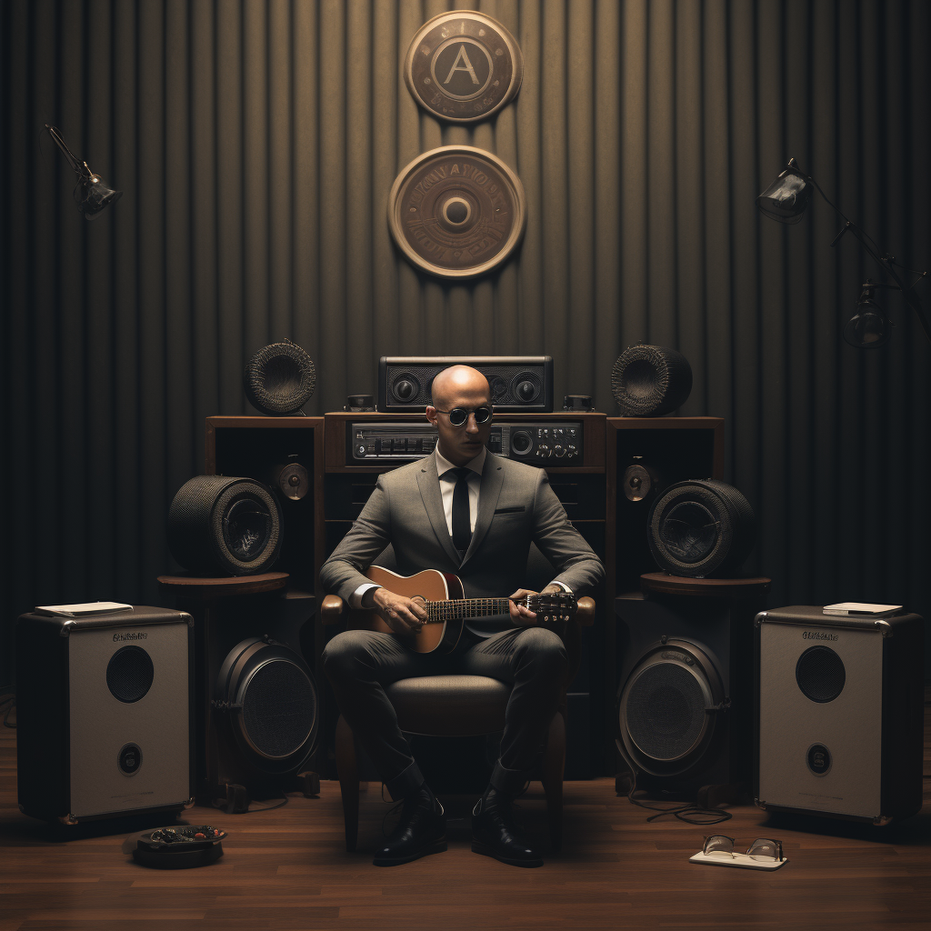 Bald man sitting in office chair with table and musical instruments