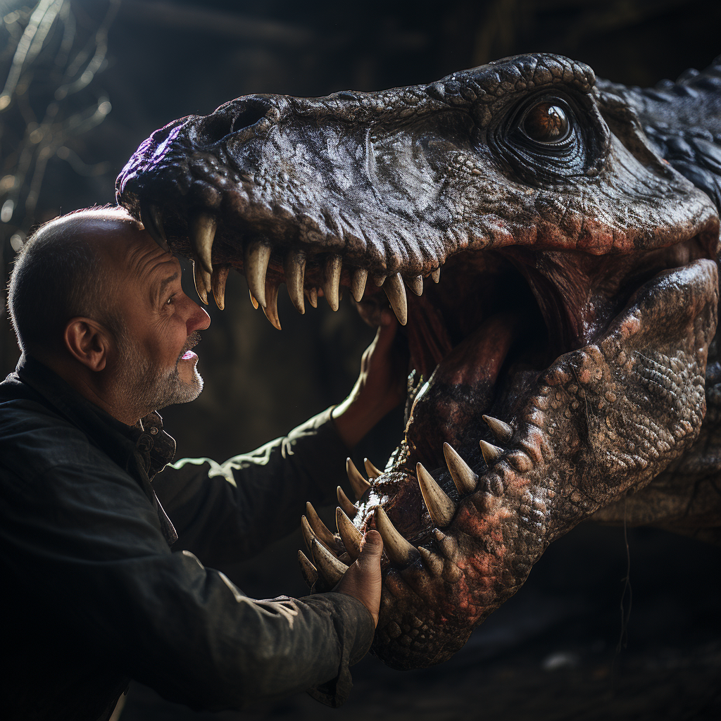 Bald man gently petting a T-Rex