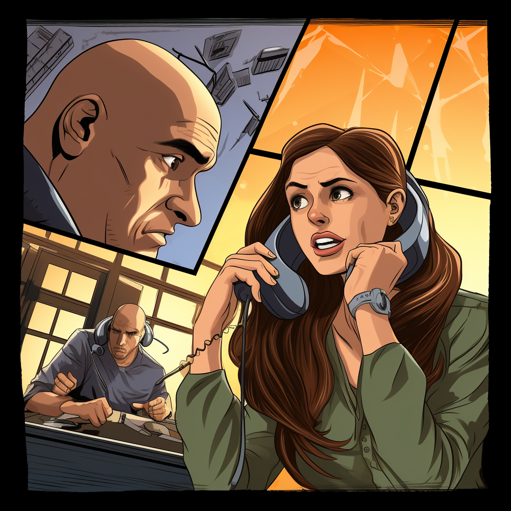 Bald man and woman on phone